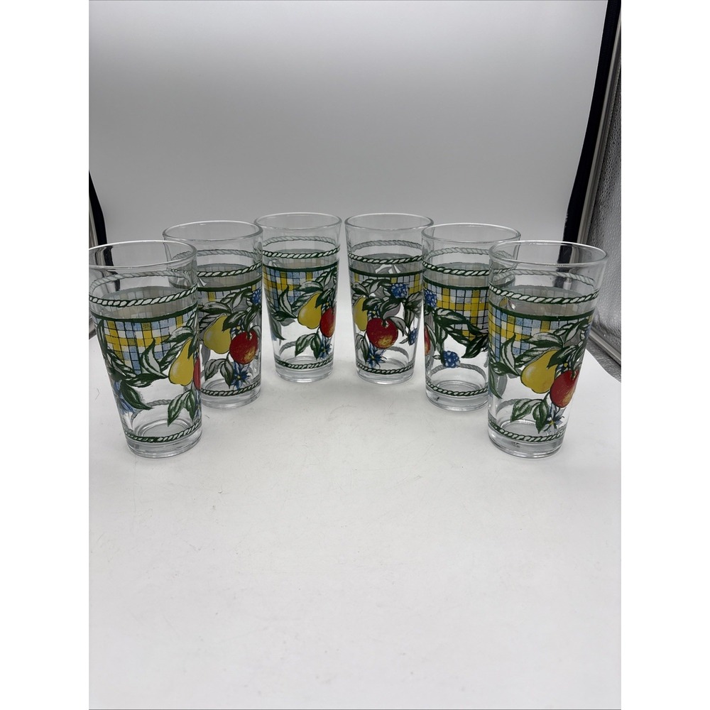 KIG Indonesia 14 Oz Fruit & Lattice Pattern Drinking Glasses Set of 6 Vintage